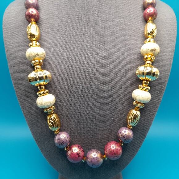 Vintage Chunky Art Beaded Necklace, Gold White Purple Beads, 24 Inches - Picture 6 of 12